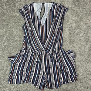 BCBGeneration Short Jumpsuit Striped Stretch V Neck Large Blue Brown